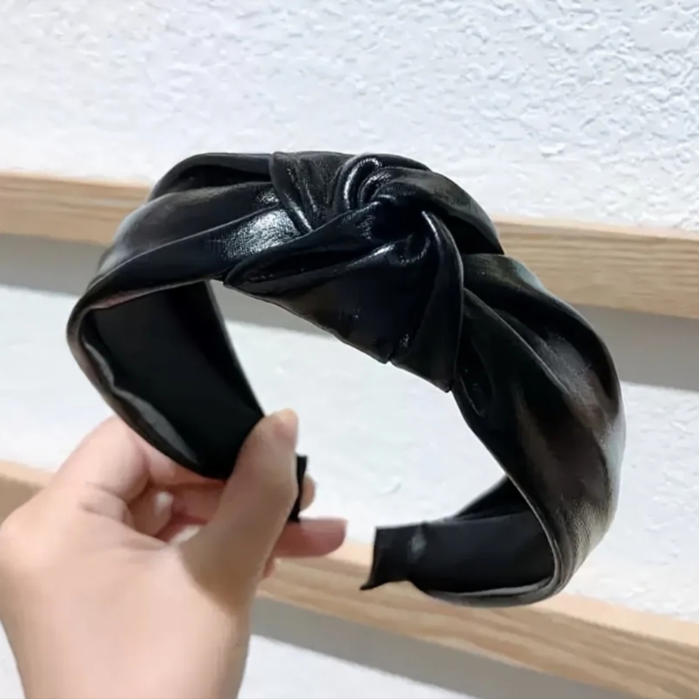 Black Knotted Faux Leather Headband Shiny